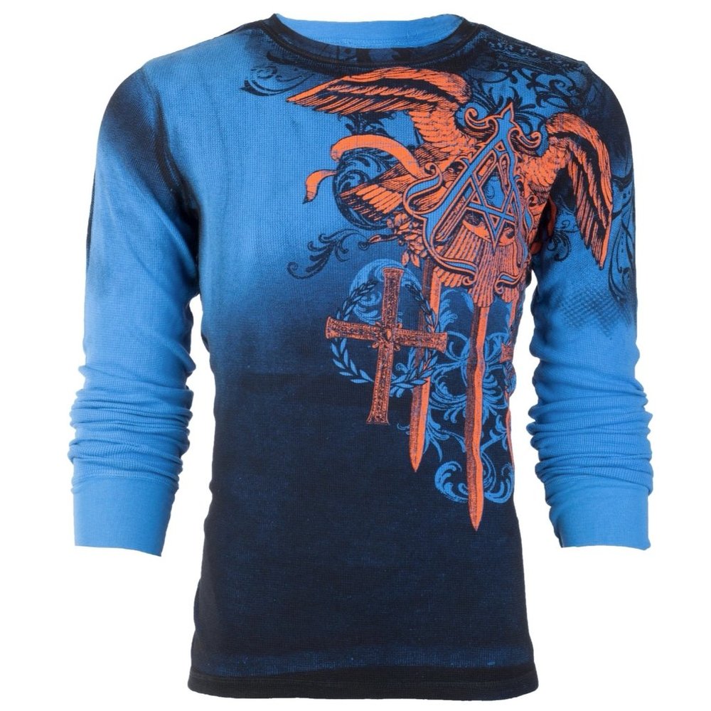Blue Gradient Long-Sleeve Graphic Shirt with Orange Crest